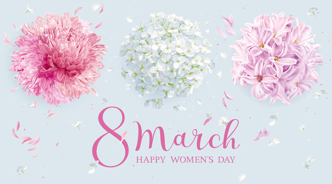Floral vector greeting card for 8 March in watercolor style with lettering design