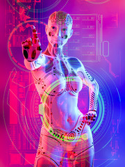 Woman robot and neon holographic display.