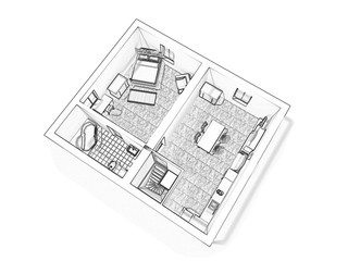 3d floor plan. Black&white floor plan. 3D illustration, sketch, outline. 