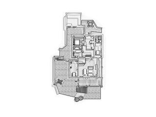 3d floor plan. Black&white floor plan. 3D illustration, sketch, outline. 