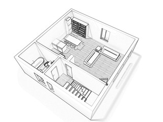 Floorplan Dimensions 3d floor plan. Black&white floor plan. 3D illustration, sketch, outline. 