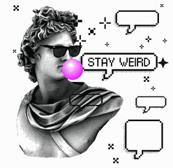 Pixel art ilustration with marble sculpture in sunglasses, Apollo Belvedere bust. Vaporwave and retrowave style collage, postmodern aesthetics of 80's. - obrazy, fototapety, plakaty