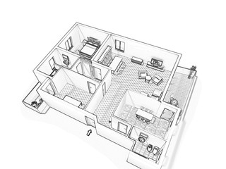 3d floor plan. Black&white floor plan. 3D illustration, sketch, outline. 