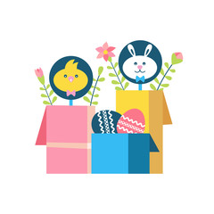 Easter eggs in gift boxes flat color vector icon