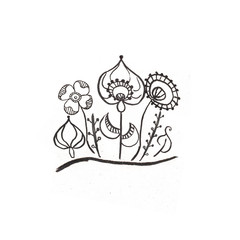 Vegetative ornament. Background of brown Kraft cardboard paper with a marker by hand. Different plants fantasy for decoration with ornament