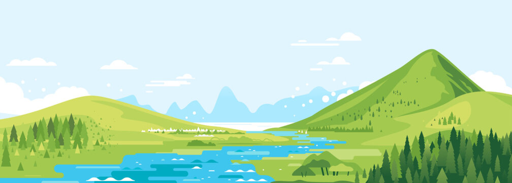 Green mountains in sunny day with river in valley and spruce forest in simple geometric form, nature tourism landscape background, travel mountains adventure illustration