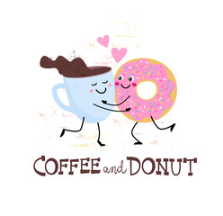 Greeting Valentine's Day card with funny cup of coffee and donut characters