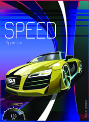 Poster advertising for cars, motor racing. Vector illustration. Detailed sports car with stylized elements.