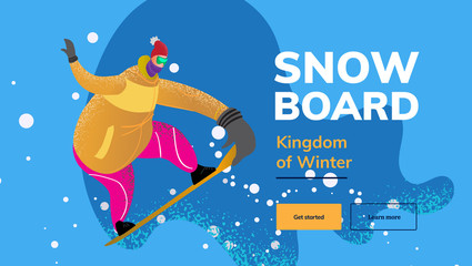 Snowboard recreation area winter poster design. Cartoon style girl on sunglasses on mountain background.