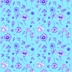 Seamless pattern of various flowers on a turquoise background. Print for fabric, wallpaper, paper.