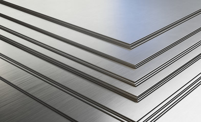 Steel or aluminum sheets in warehouse, rolled metal product. - obrazy, fototapety, plakaty