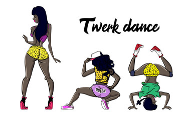 Twerk poster design. Cartoon style girl. Poster for booty dance course or battle. Vector illustration.
