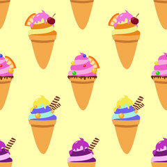 Vector seamless pattern. Ice cream cones on yellow background. Summer set