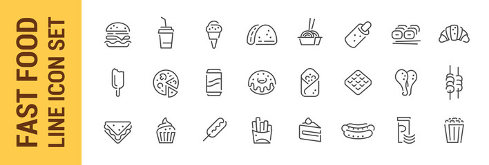Fast food line icon set. Vector isolated burger sandwich pizza hot dog cola coffee sweets
