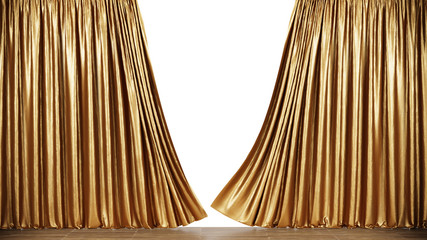  Golden curtains isolated on a white background with clipping path. 3d illustration