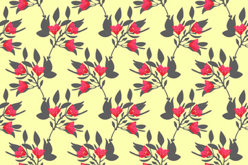 Art floral vector seamless pattern. Gray branches, leaves with red flowers isolated on pale yellow background. Tile pattern for wallpaper design, fabric, interior textile.