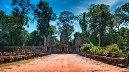 Preah Khan Temple site among the ancient ruins of Angkor Wat Hindu temple complex in Cambodia