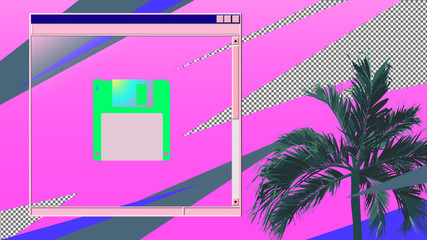 Vintage/retro palm tree and blank vintage OS style frame with floppy disk icon, 80s elements and color inspired background template
