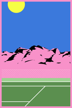Mountain landscape and tennis court pastel illustration