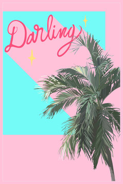 Pastel summer palm tree and hand draw text