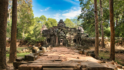 Fototapeta premium Preah Khan Temple site among the ancient ruins of Angkor Wat Hindu temple complex in Cambodia