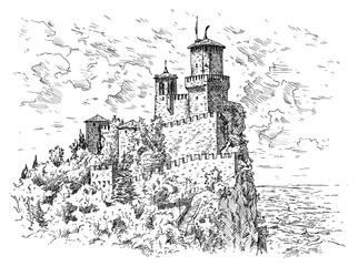 Fortress Guaita is the most famous tower of San Marino, Italy. Hand drawn illustration.