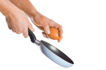 a pan in hands on a white background