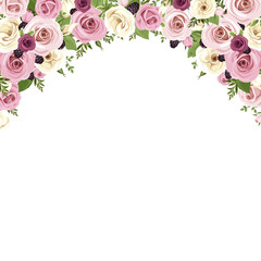 Vector background border with pink and white roses, lisianthus flowers, blackberries and green.