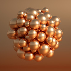 Metallic background with balls, atom, molecule. 3d illustration, 3d rendering.