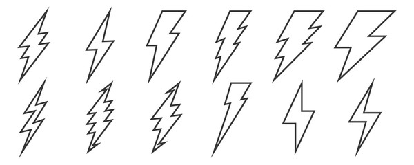 Set of Lightning outline icons. Vector lightnings.