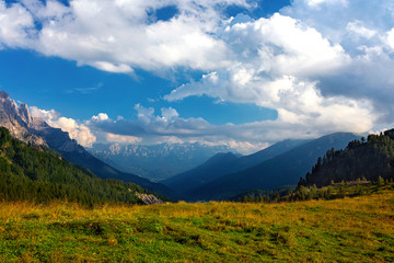 Obraz premium Very beautiful view of the evening mountains Pale di San Martino village with Dolomite peaks in Val di Primiero Noana of Trentino Alto-Adige