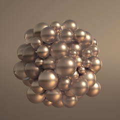 Metallic background with balls, atom, molecule. 3d illustration, 3d rendering.