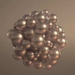 Metallic background with balls, atom, molecule. 3d illustration, 3d rendering.