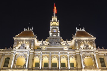 Ho Chi Minh City, Vietnam (Formerly Saigon) City Hall, or People's Committee Head office Legislature Building Exterior by Night