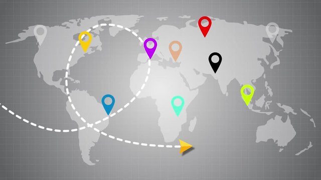 World map in the navigator. Arrow movement on a world map. Navigator points on the map. Navigator at work. geolocation map