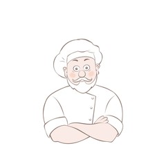 Portrait of happy old man with a mustache and beard,cook crossing hands.Vector illustration in cartoon style.