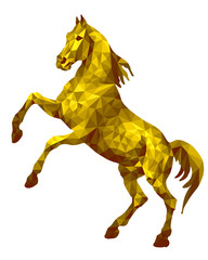 golden horse standing on its hind legs, isolated image on a white background in the low poly style