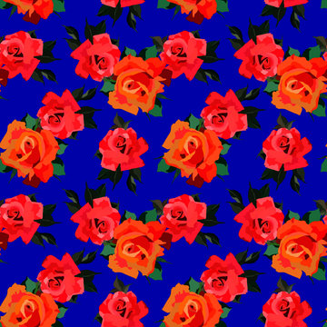 seamless pattern in bright colors with flowers of roses, wallpaper ornament, wrapping paper © Halyna