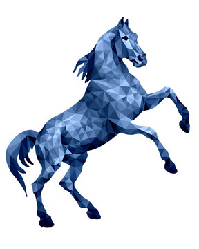 blue horse standing on its hind legs, isolated image on a white background in the low poly style