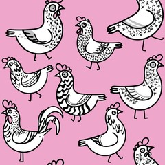 Seamless pattern with chickens. Chickens and rooster with patterns. Funny drawing by hand. seamless pattern. A funny background.