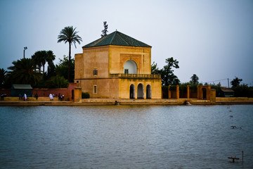 Gardens and lake in Morocco at sunset