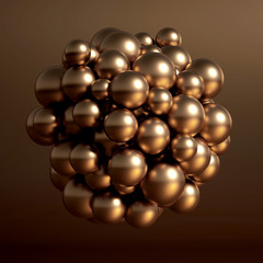 Metallic background with balls, atom, molecule. 3d illustration, 3d rendering.