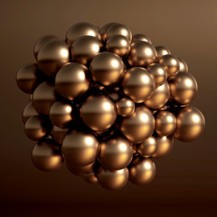 Metallic background with balls, atom, molecule. 3d illustration, 3d rendering.