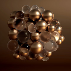 Metallic background with balls, atom, molecule. 3d illustration, 3d rendering.