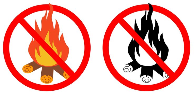 No fire vector prohibition sign. Stop fire icon. Dangerous fire ban sign isolated on white.