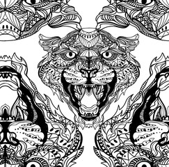 Seamless pattern with leopards. Doodling, mandala pattern. Drawing by hand. Stylish background. Indian style.