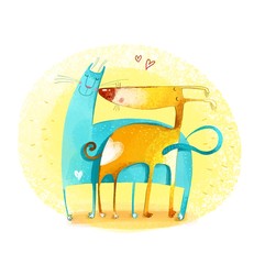 Yellow dog with blue cat in love