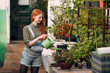 Fototapeta na wymiar Home gardening concept. Young cute woman with watering can planting plants. Spring home garden plant.