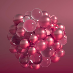 Metallic background with balls, atom, molecule. 3d illustration, 3d rendering.