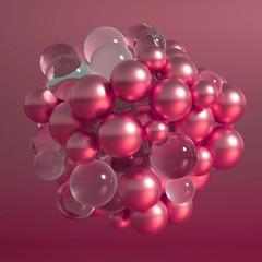 Metallic background with balls, atom, molecule. 3d illustration, 3d rendering.